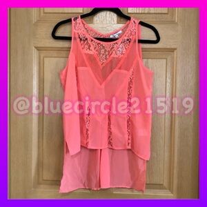The Clothing Company Hi-Lo Sleeveless Top Coral Sheer Lace Detailing NWT Medium